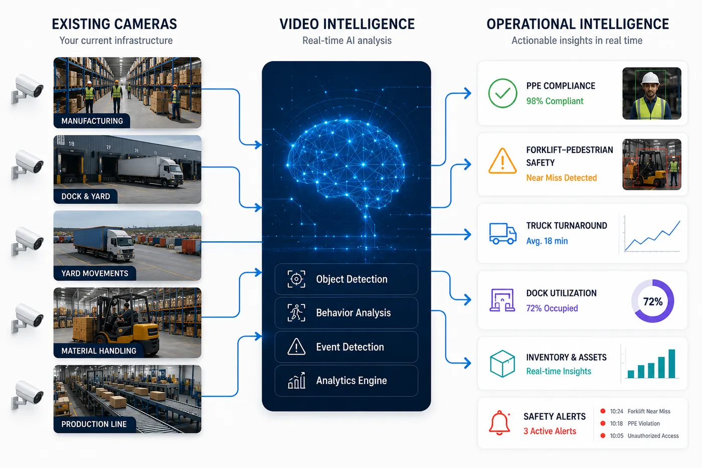Existing cameras feed real-time video intelligence that produces operational intelligence such as PPE compliance, safety alerts, dock utilization, and inventory insights.